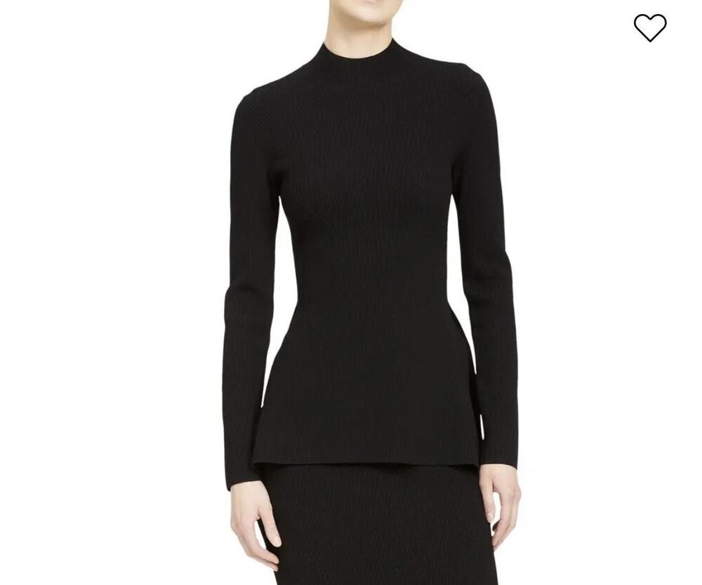 Theory Side Drape Fine Rib Sweater Womens Medium Black Mock Neck Peplum Pullover